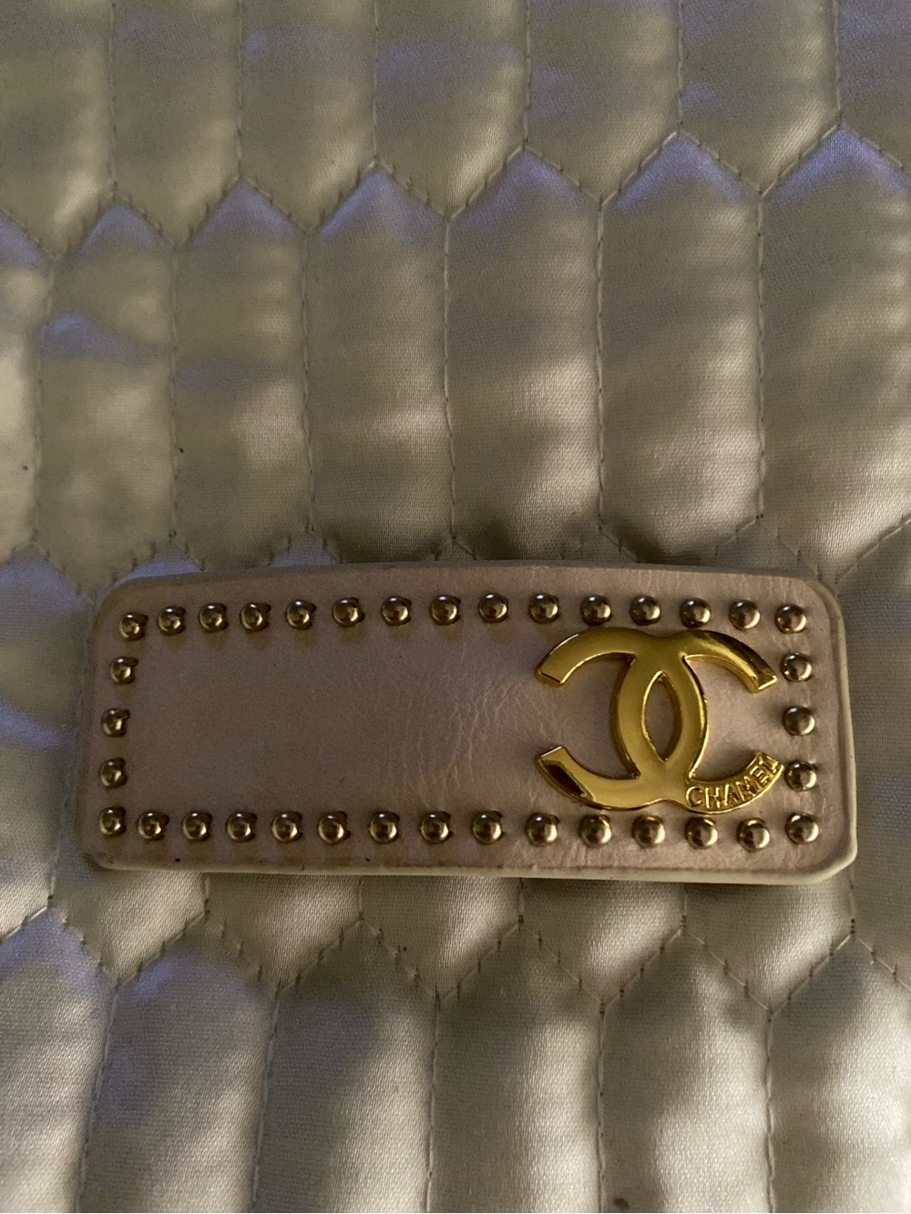 ChaneI Beige Studded Hair Clip/ barrette CC Logos Gold-tone hardware